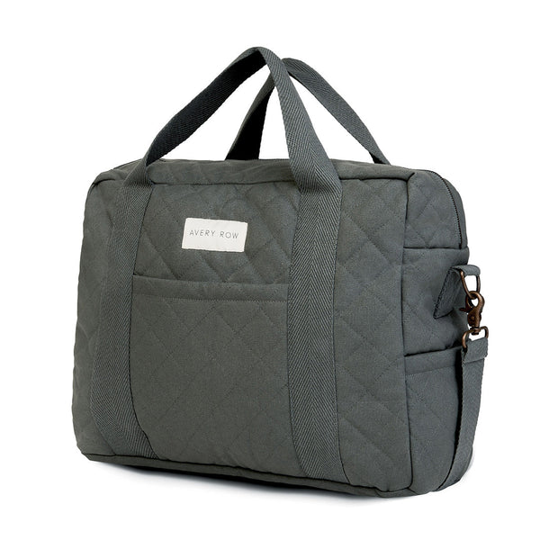 Organic cotton baby changing bag in a grey colour, with multiple pockets for organisation 