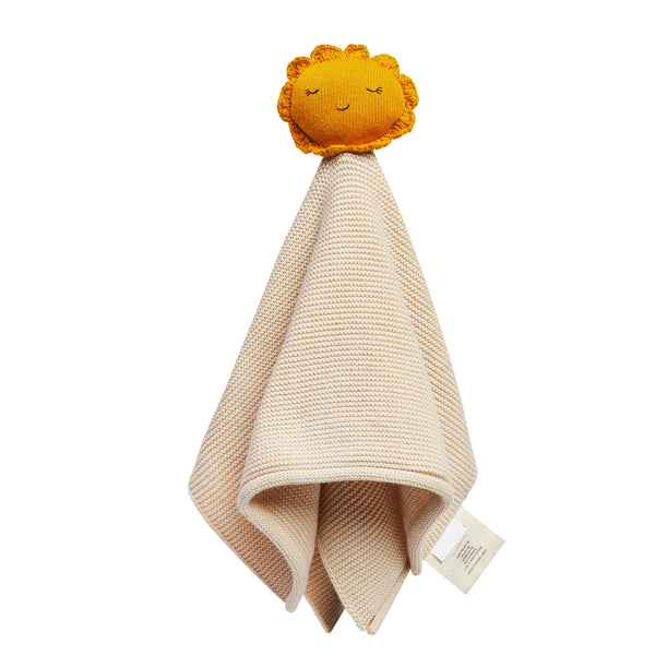 Newborn cuddle toy featuring a knitted blanket body and sunshine face at top. The perfect first baby toy