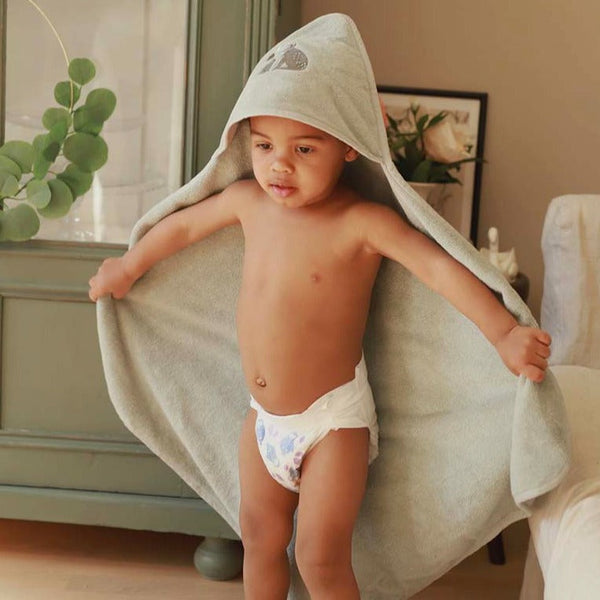 Childrens organic cotton hooded bath towel with bear embroidery on the hood
