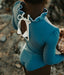 Ruffle Neck Long Sleeve Swimsuit in Dusty Blue and Ivory