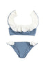 Kids ruffle bikini in blue with ivory ruffle trim