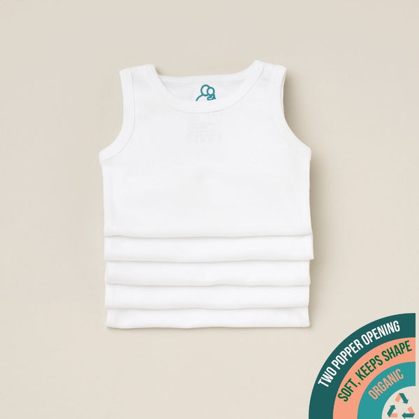 A pack of 5 organic cotton sleeveless baby bodysuits by Sproot Baby.