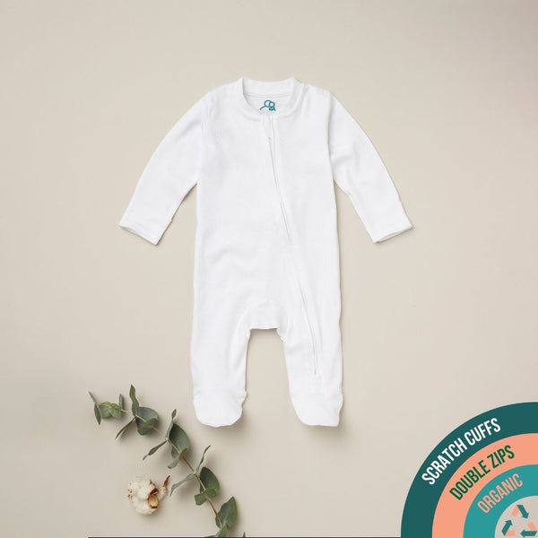 A pack of 3 organic cotton baby sleepsuits with zip front.