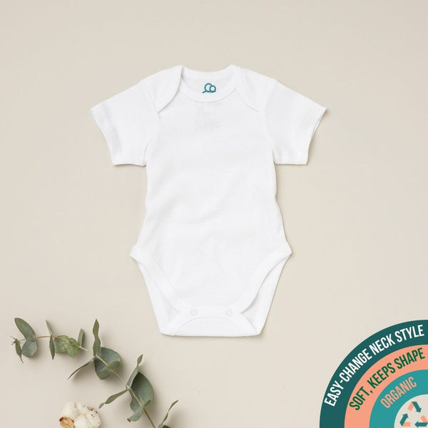 An organic cotton short sleeve baby bodysuit by Sproot Baby.