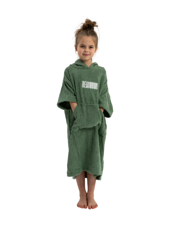 Kids towelling poncho in a mint green colour.