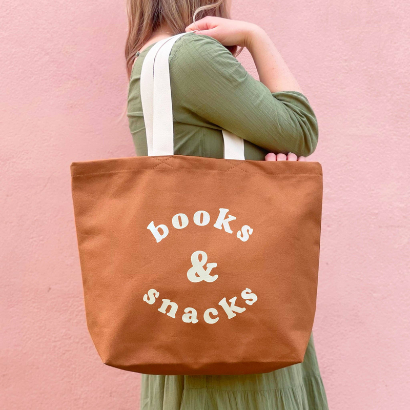 Books & Snacks Canvas Tote Bag - Tan