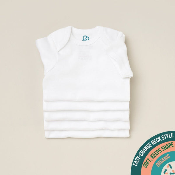 Pack of 5 organic cotton short sleeve baby bodysuits.