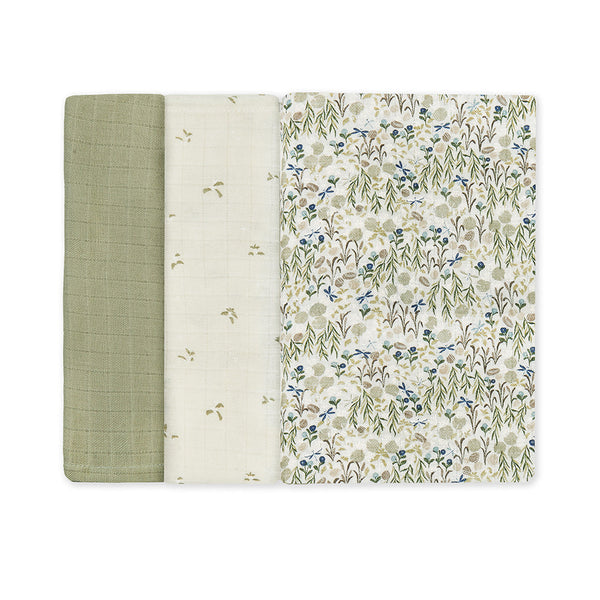 A set of 3 organic cotton baby muslin square, 1 plain and 2 in floral prints