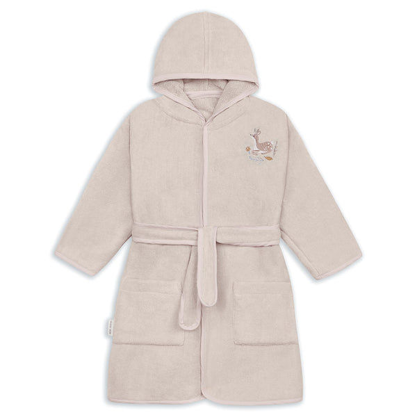 Organic cotton childrens towelling bath robe with embroidered deer on the front
