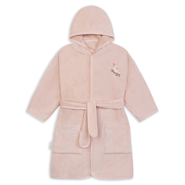 Organic cotton childrens towelling robe with embroidered bird on the front