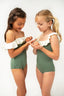 Girls Swimsuit in sage green with ivory ruffle detail