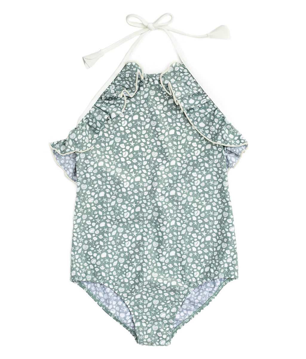 Ruffle Detail Swimsuit in Sage Shell Print – www.thelittleplace.com