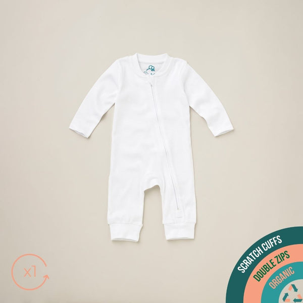 Organic cotton baby sleepsuit with zip front.